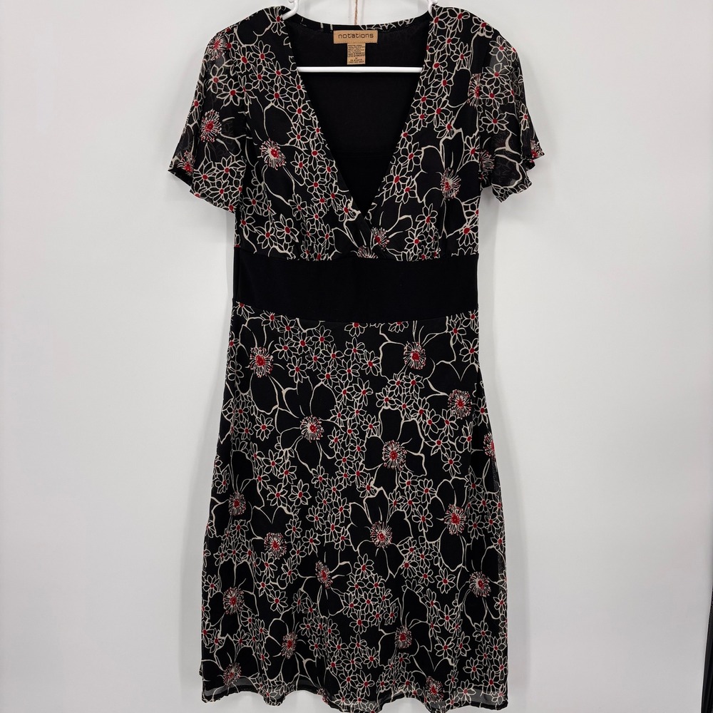 Vtg Notations Floral Mesh Overlay Dress Womens M Black Red Empire Waist